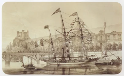 Die Sole, erstes Langstrecken-Propellerschiff, vor den Tuilerien in Paris verankert